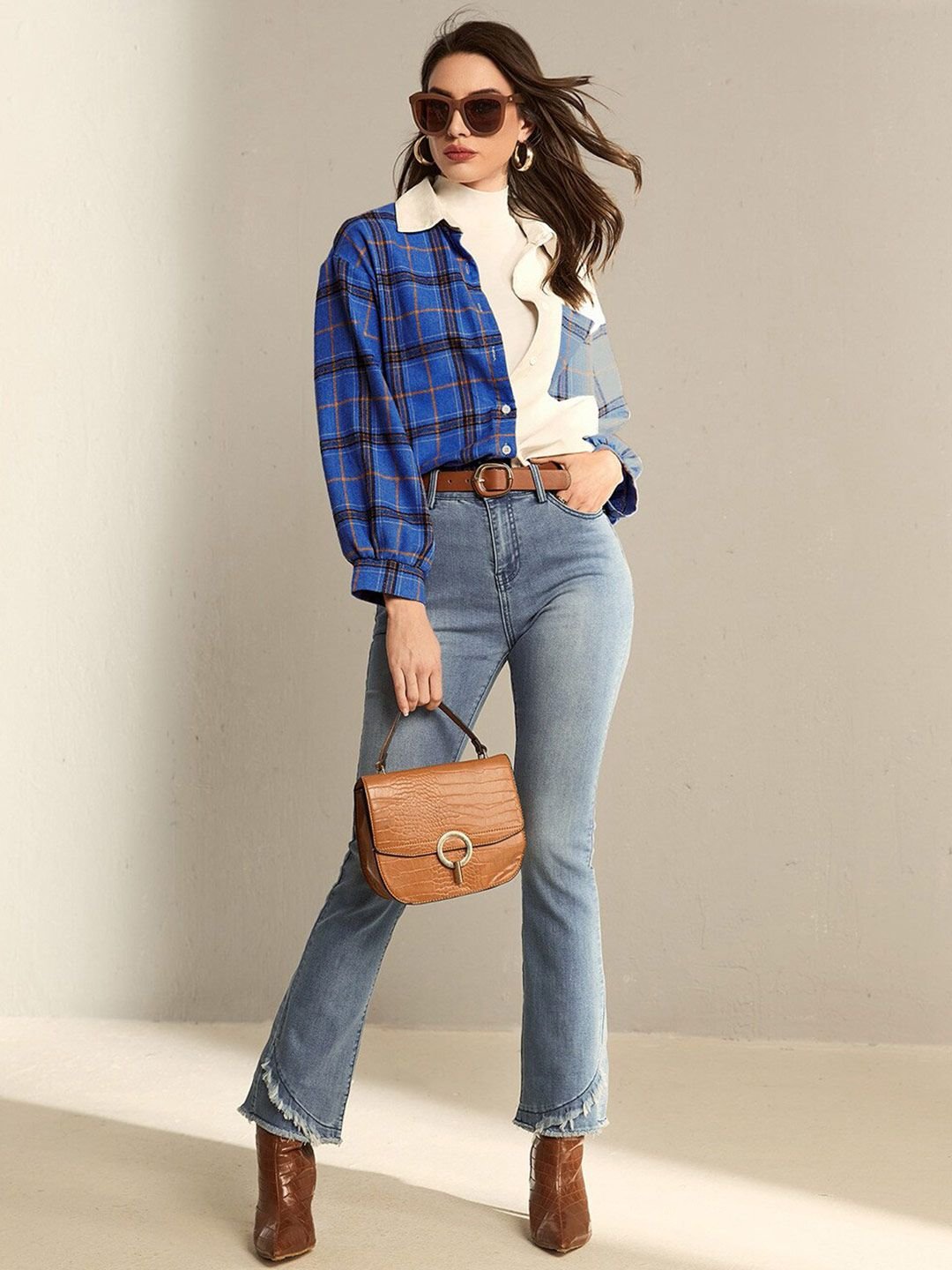 Blue Checked Color Block Shirt