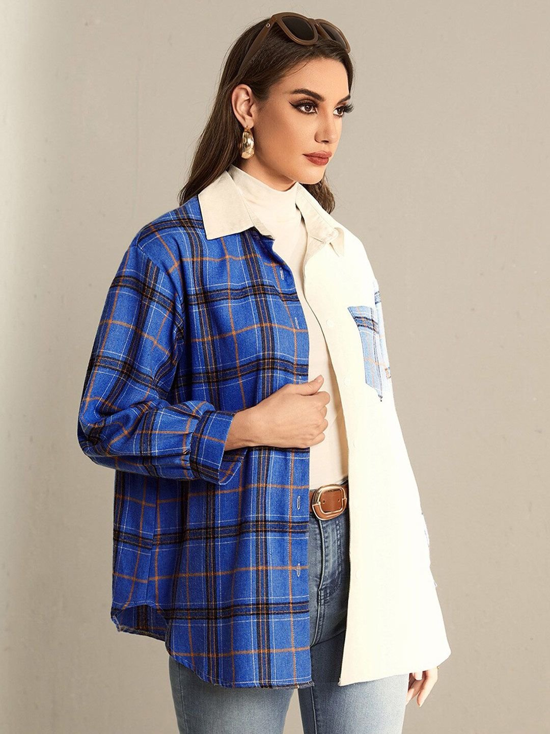 Blue Checked Color Block Shirt