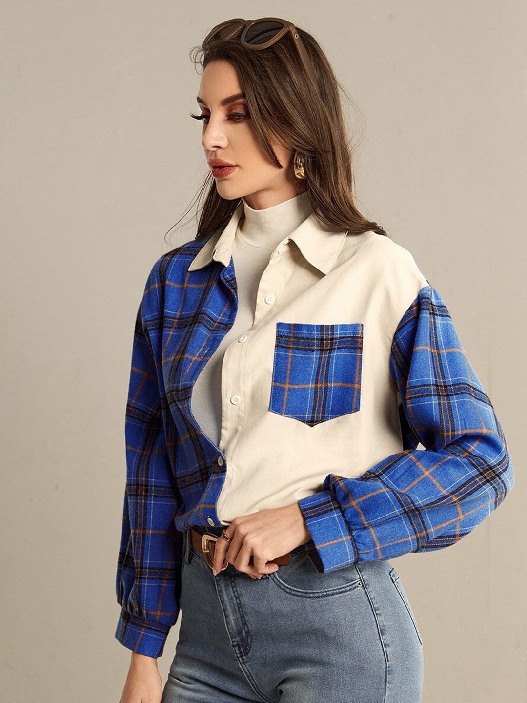 Blue Checked Color Block Shirt