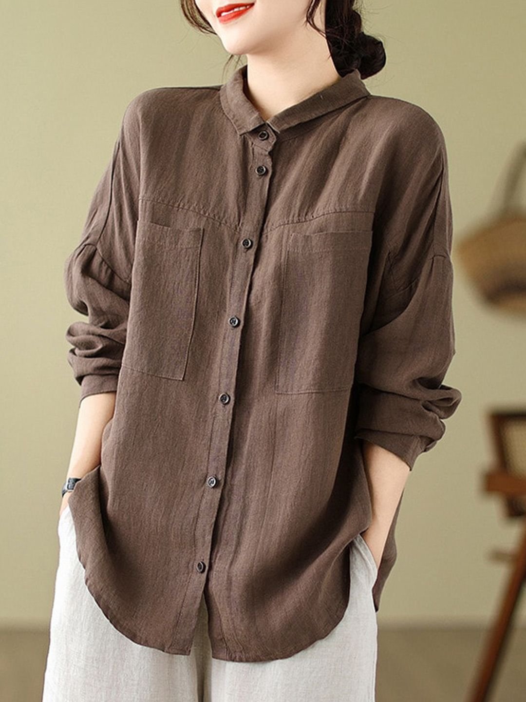 Brown Solid Cotton Textured Shirt