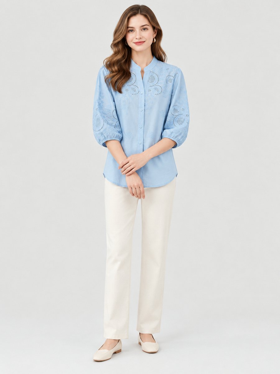 Blue Cotton Balloon Sleeve Shirt