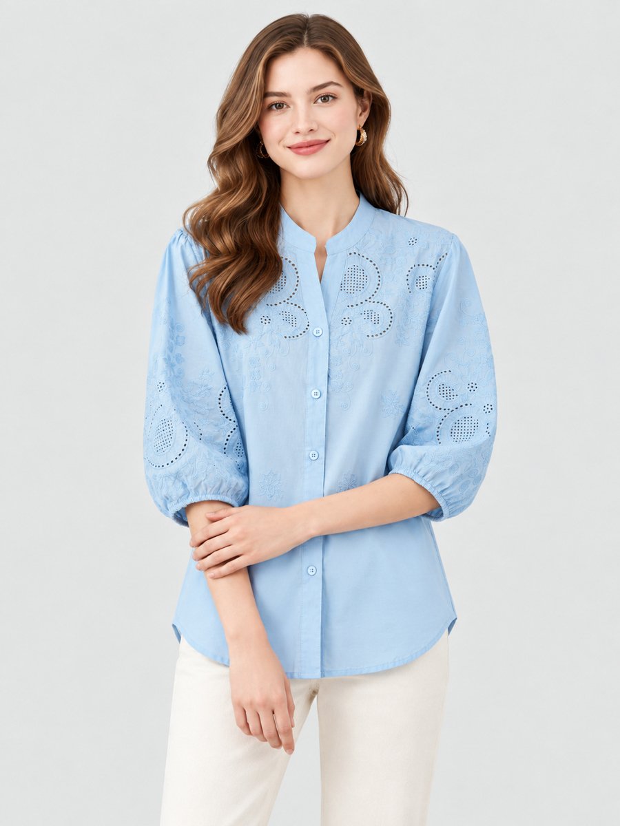 Blue Cotton Balloon Sleeve Shirt