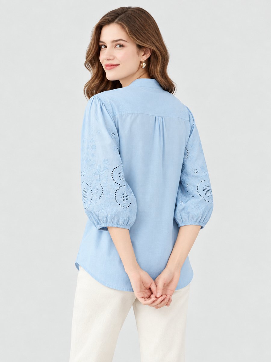 Blue Cotton Balloon Sleeve Shirt