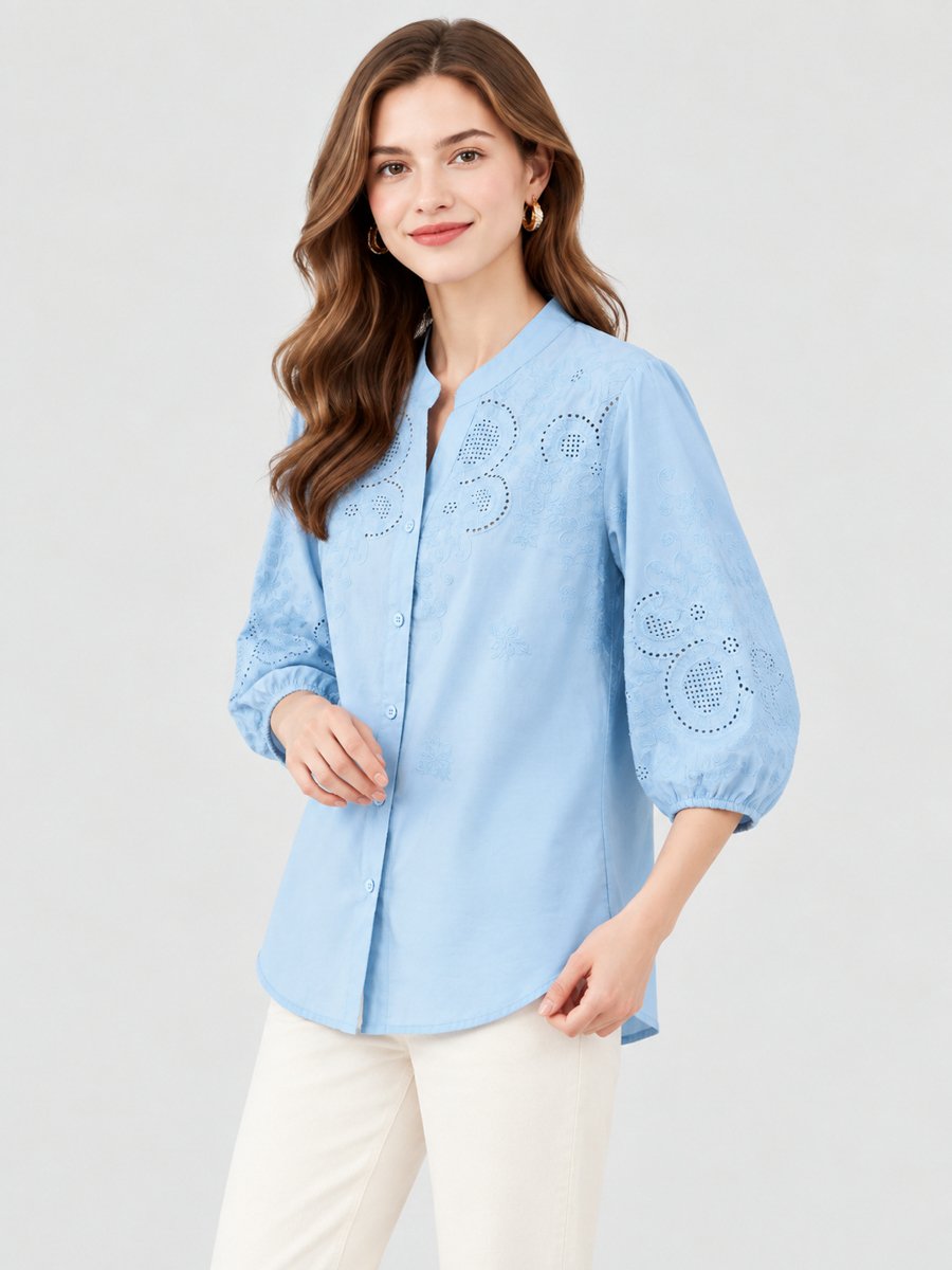 Blue Cotton Balloon Sleeve Shirt
