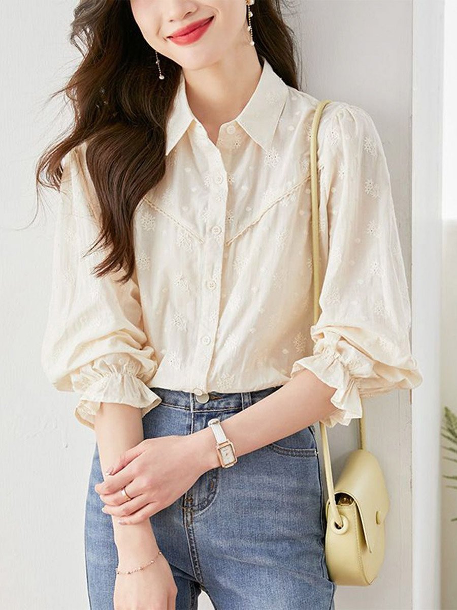 Off White Cotton Spread Collar Shirt