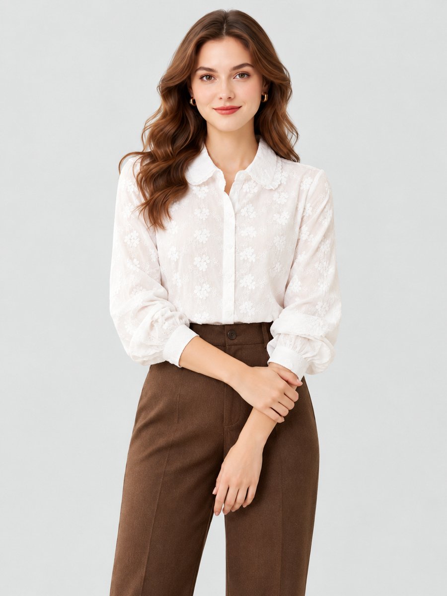 White Cotton Spread Collar Shirt