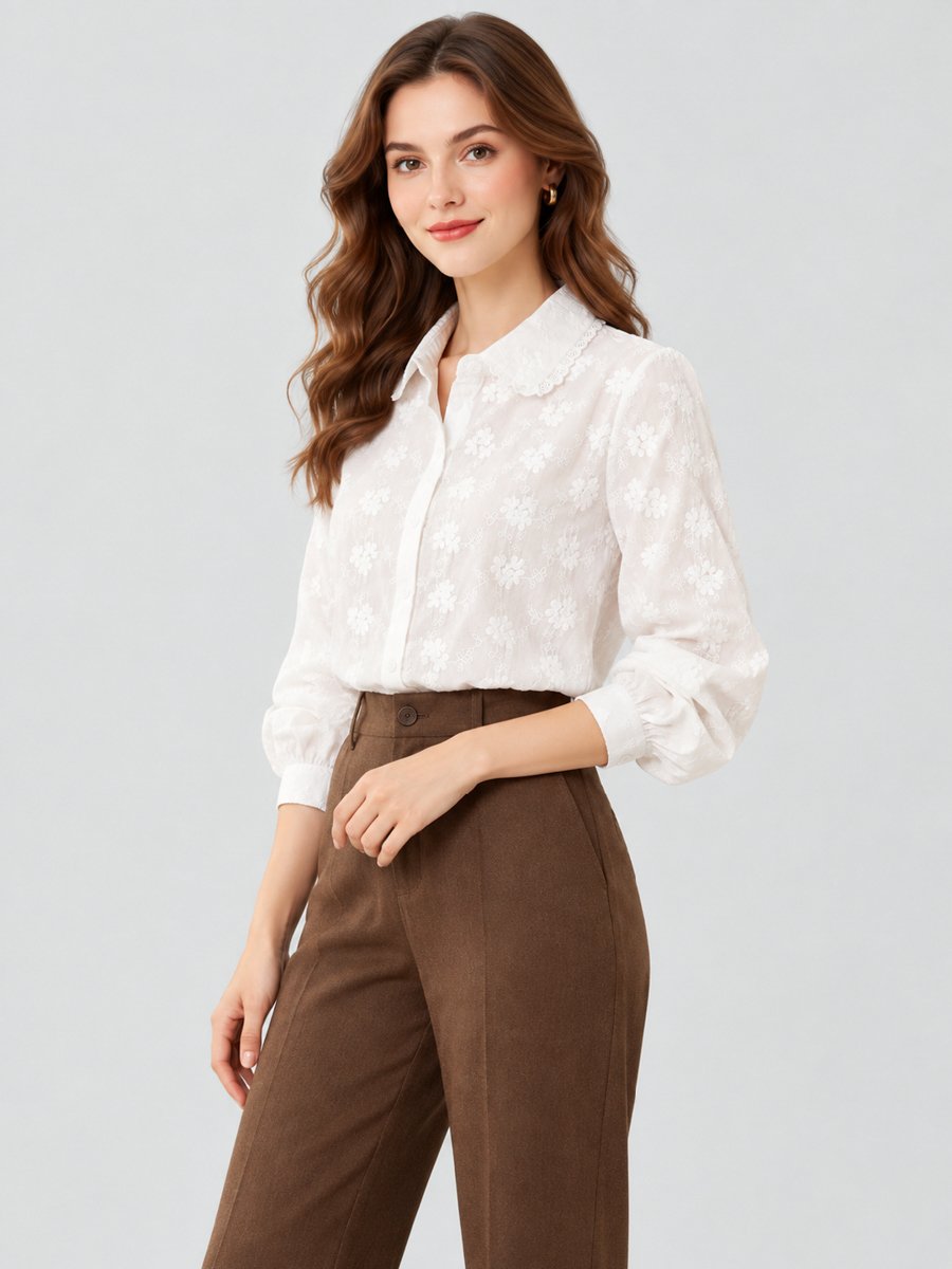 White Cotton Spread Collar Shirt