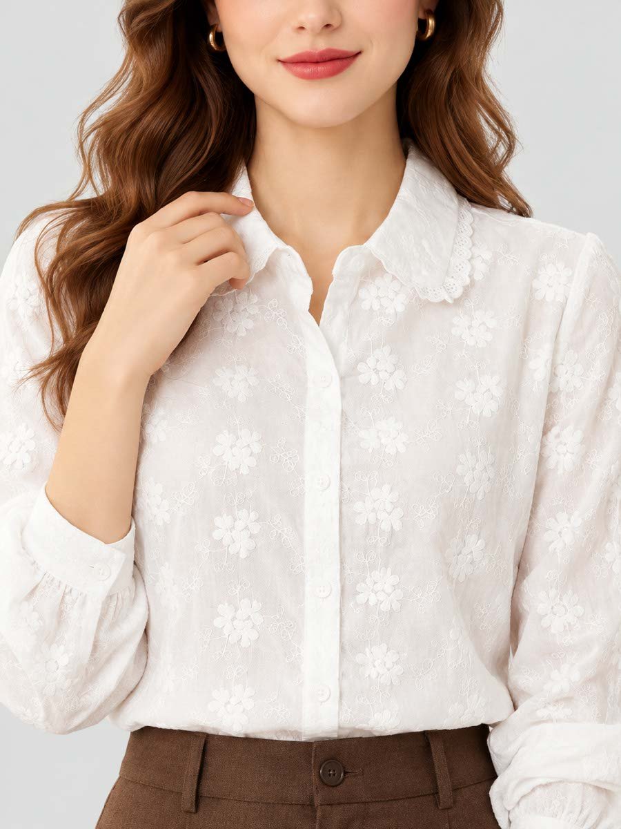 White Cotton Spread Collar Shirt