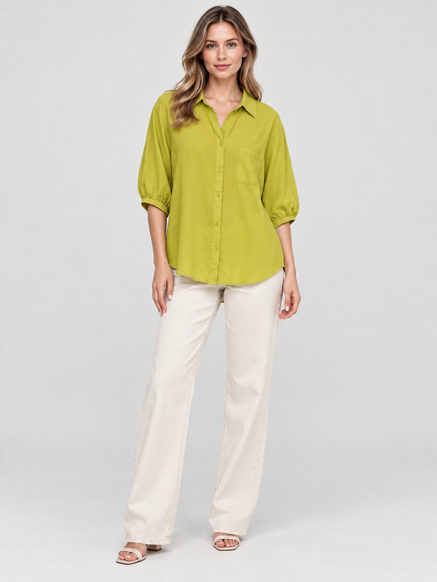 Green Cotton Spread Collar Shirt
