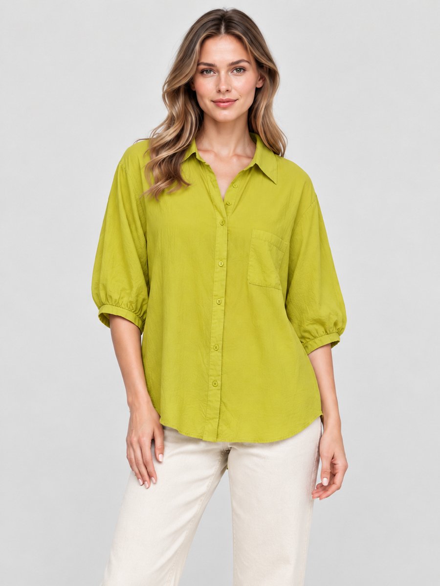 Green Cotton Spread Collar Shirt