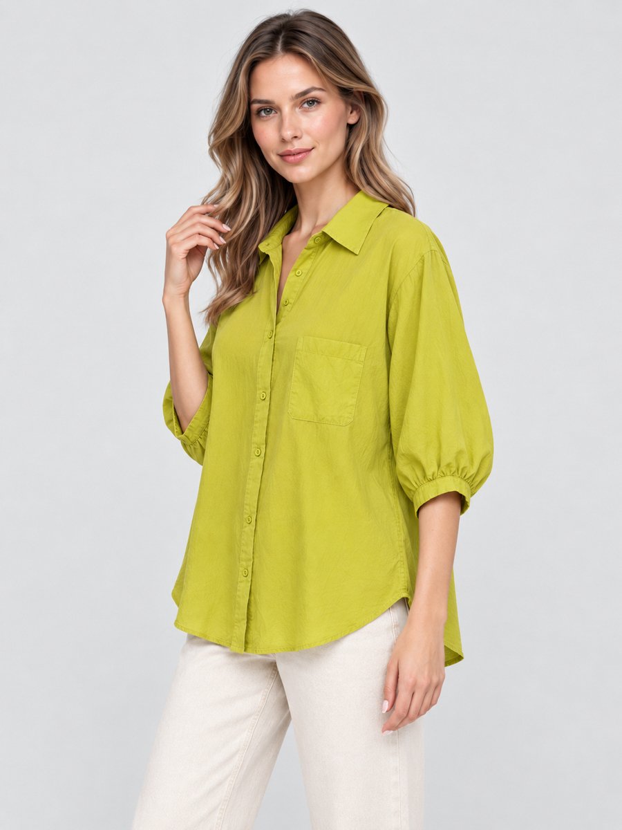 Green Cotton Spread Collar Shirt