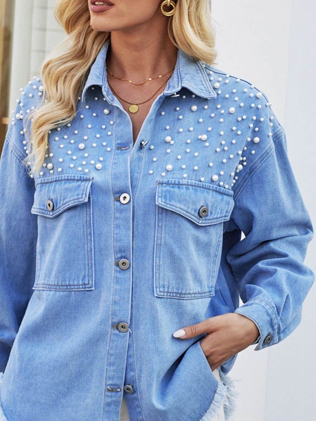 Blue Relaxed Fit Embellished Denim Shirt