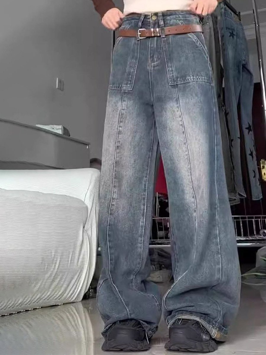 Blue Cotton Wide Leg High-Rise Denim Jeans