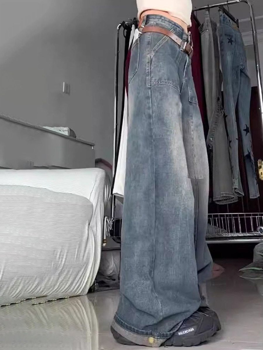 Blue Cotton Wide Leg High-Rise Denim Jeans