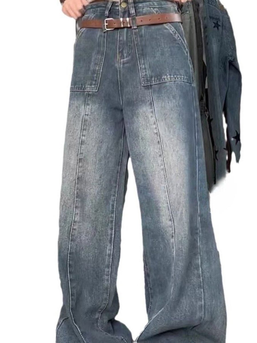 Blue Cotton Wide Leg High-Rise Denim Jeans