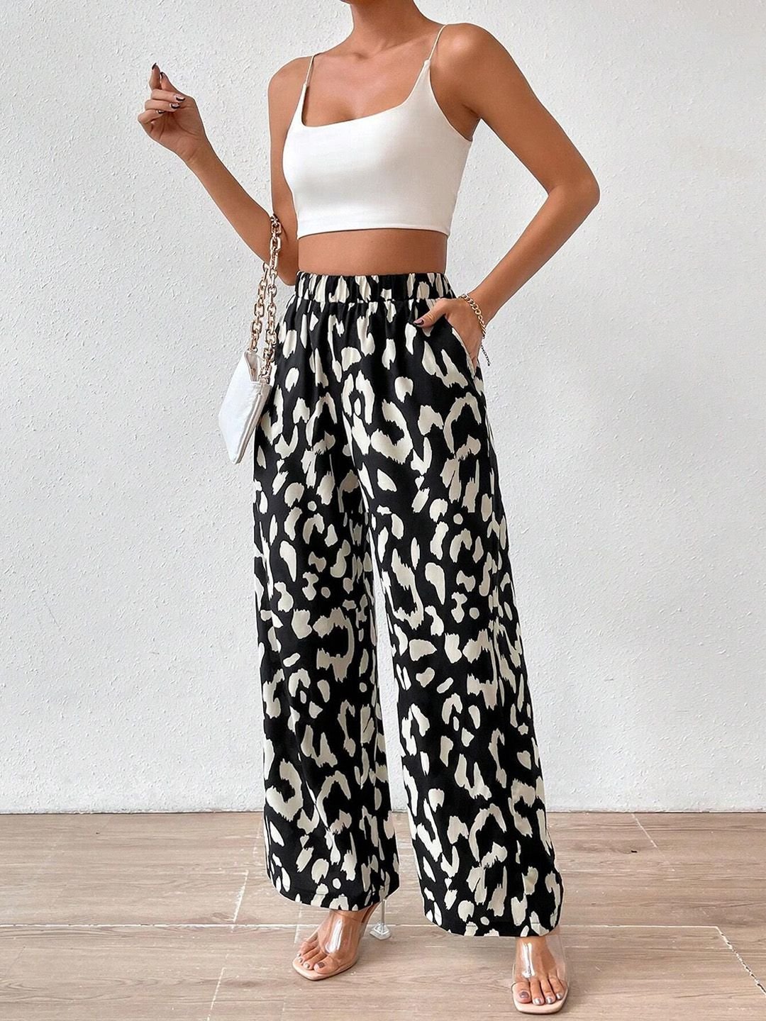 Black Wide Leg Animal Print Pants