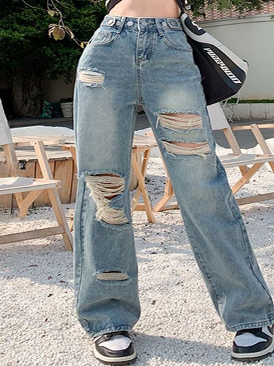 Blue Cotton Straight Fit High-Rise Denim Jeans