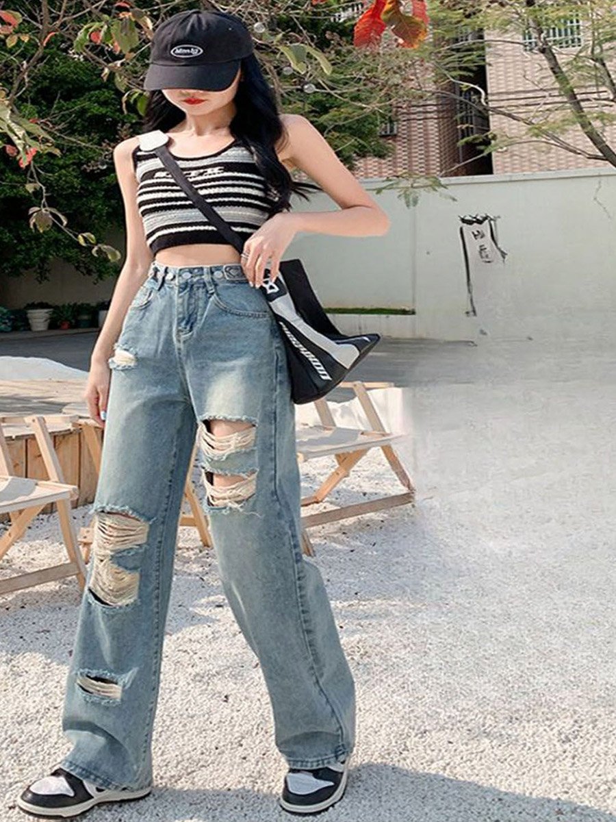 Blue Cotton Straight Fit High-Rise Denim Jeans