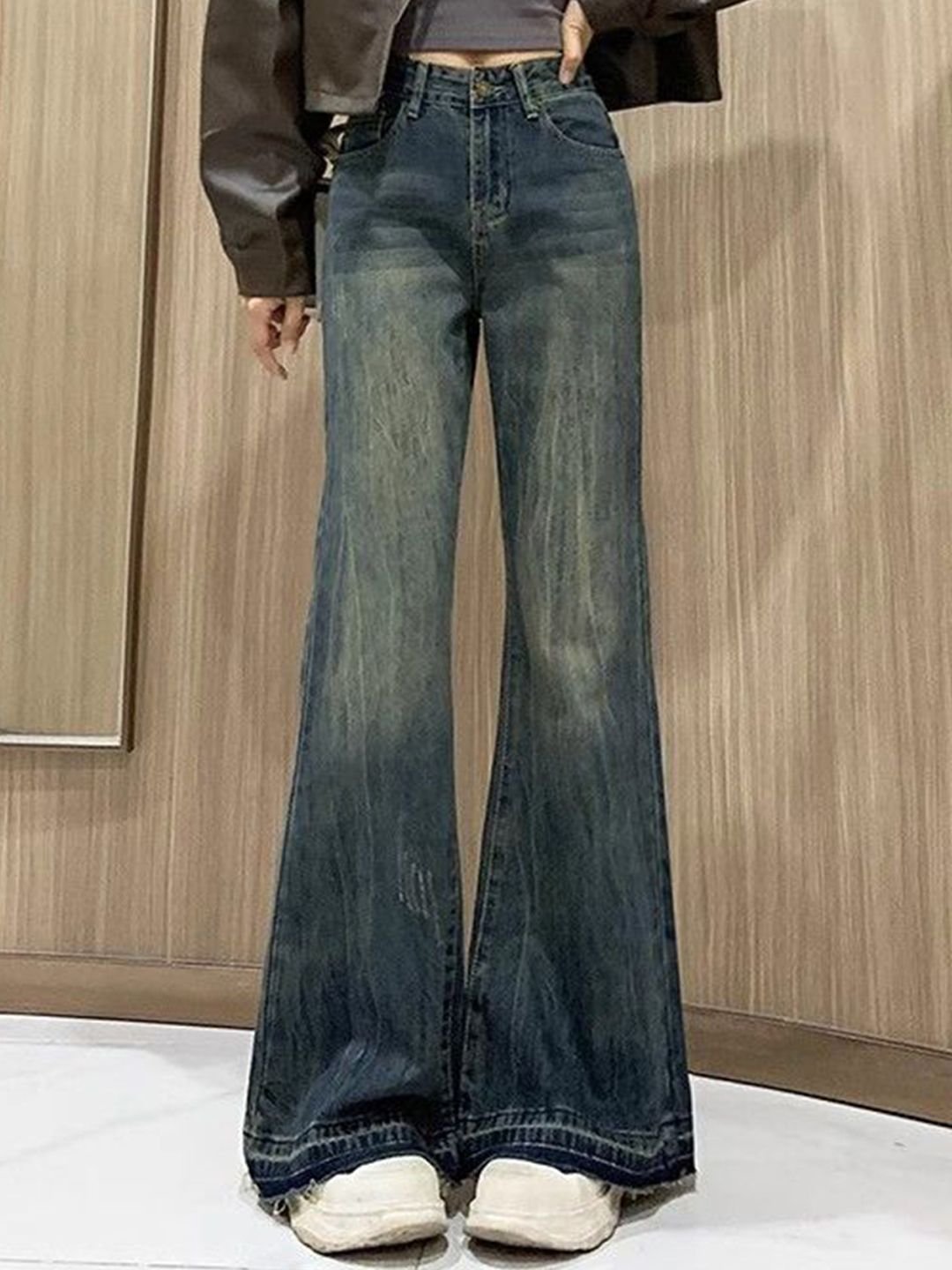 Blue Cotton Flared High-Rise Jeans
