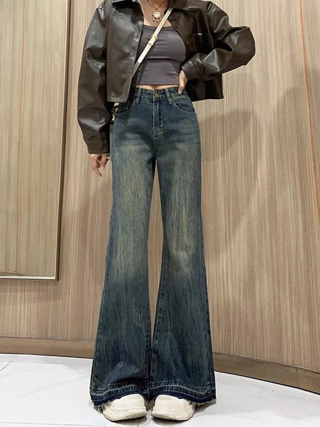 Blue Cotton Flared High-Rise Jeans