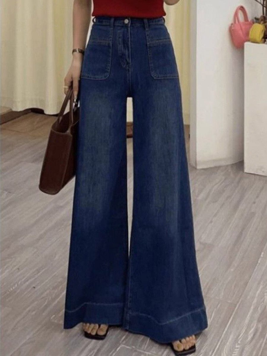 Blue Mid-Rise Wide Leg Jeans