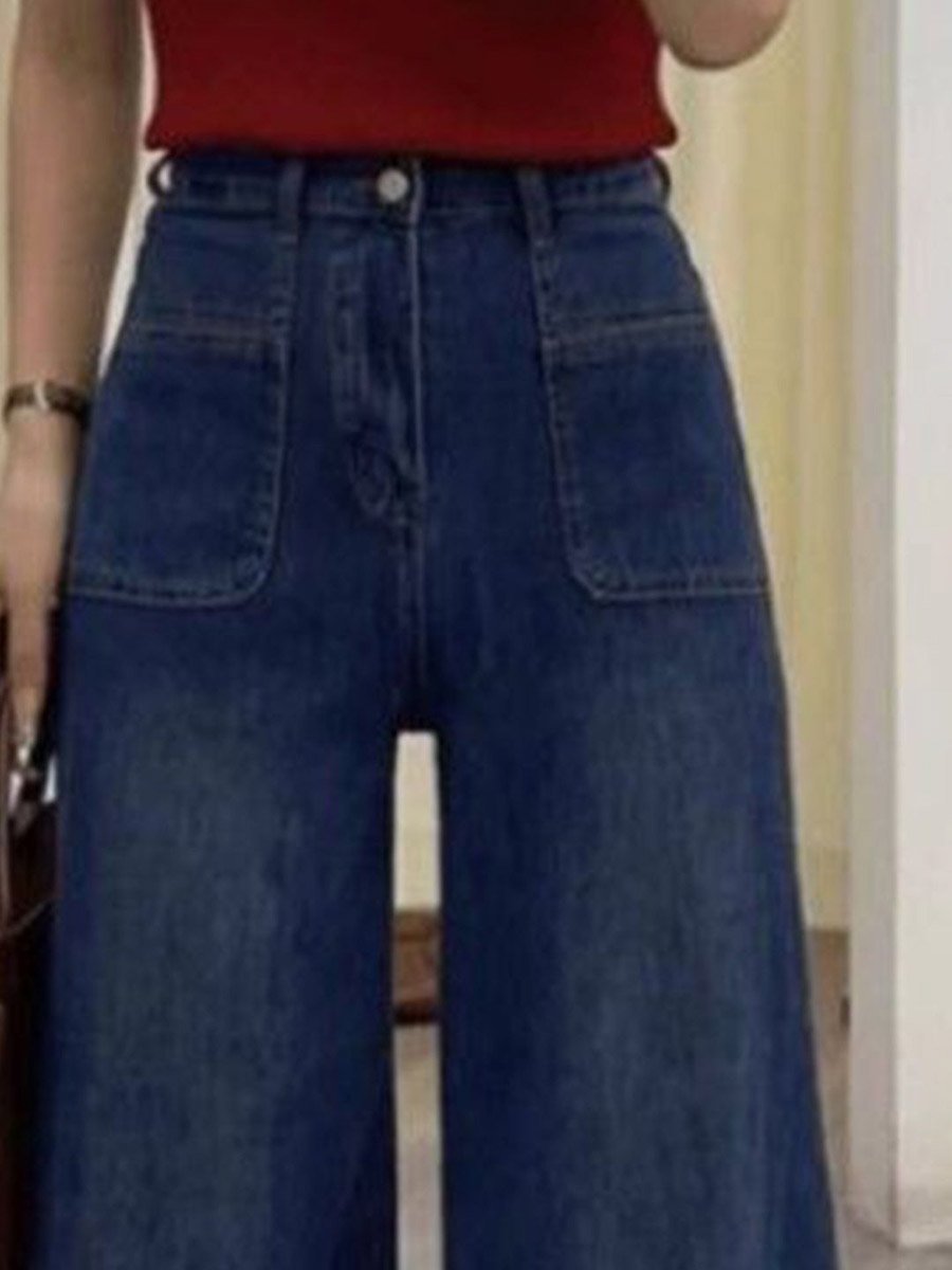 Blue Mid-Rise Wide Leg Jeans