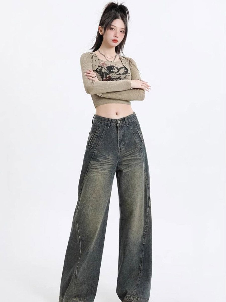 Dark Grey High-Rise Whisker Wide Leg Jeans