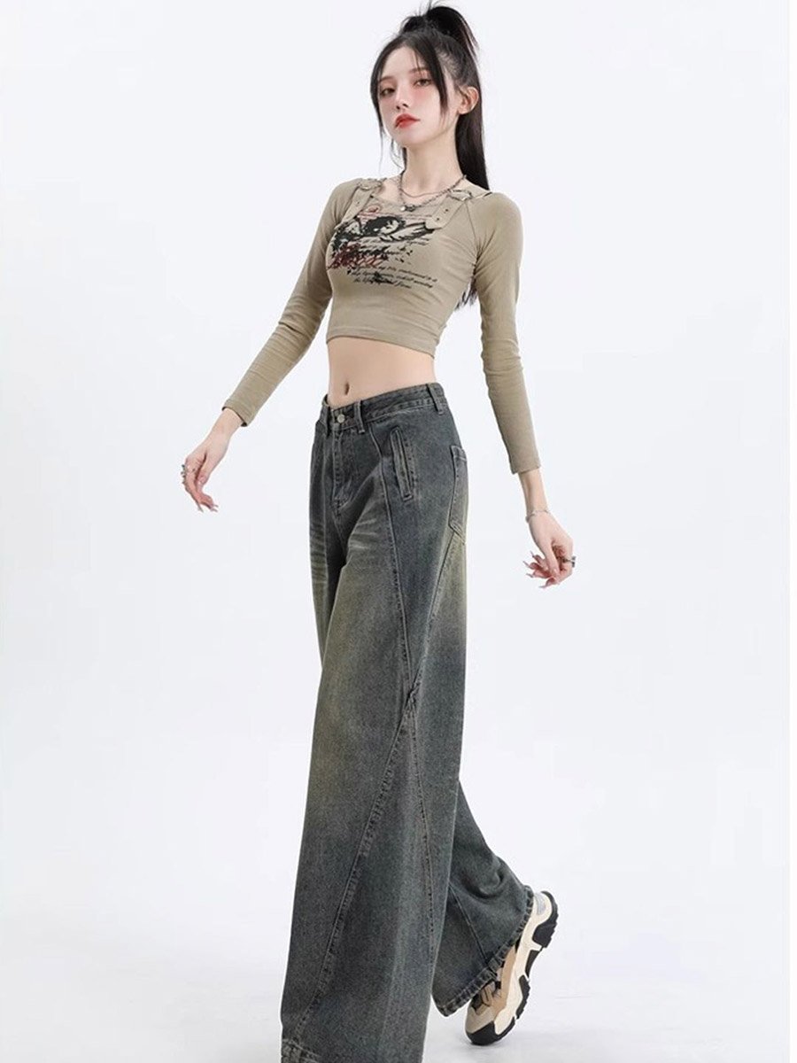 Dark Grey High-Rise Whisker Wide Leg Jeans
