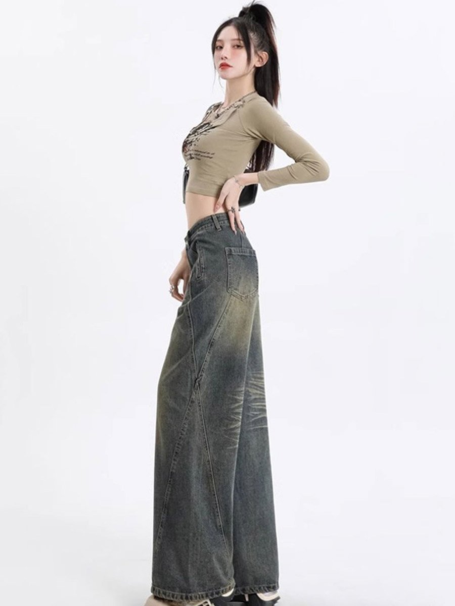 Dark Grey High-Rise Whisker Wide Leg Jeans