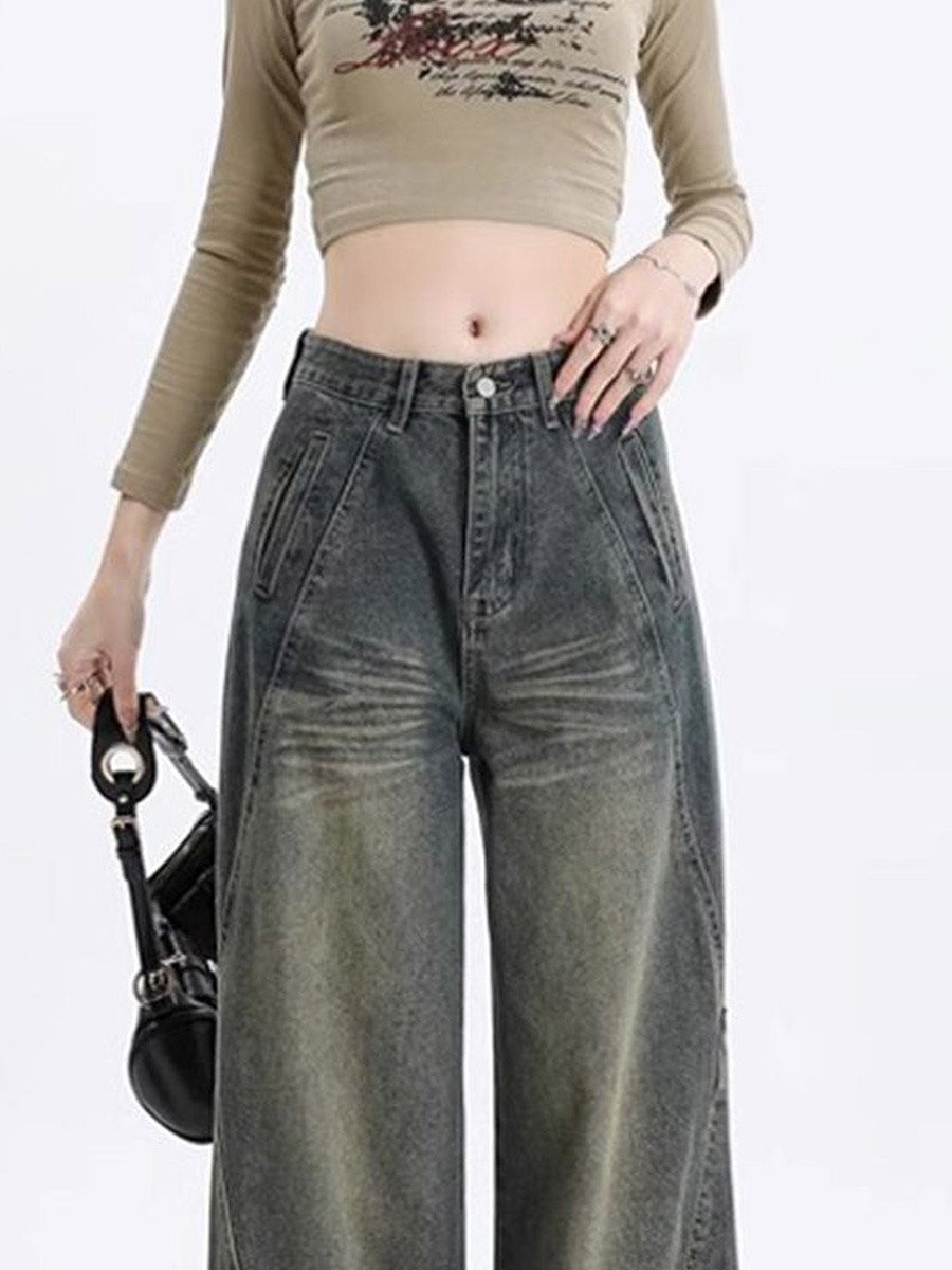 Dark Grey High-Rise Whisker Wide Leg Jeans