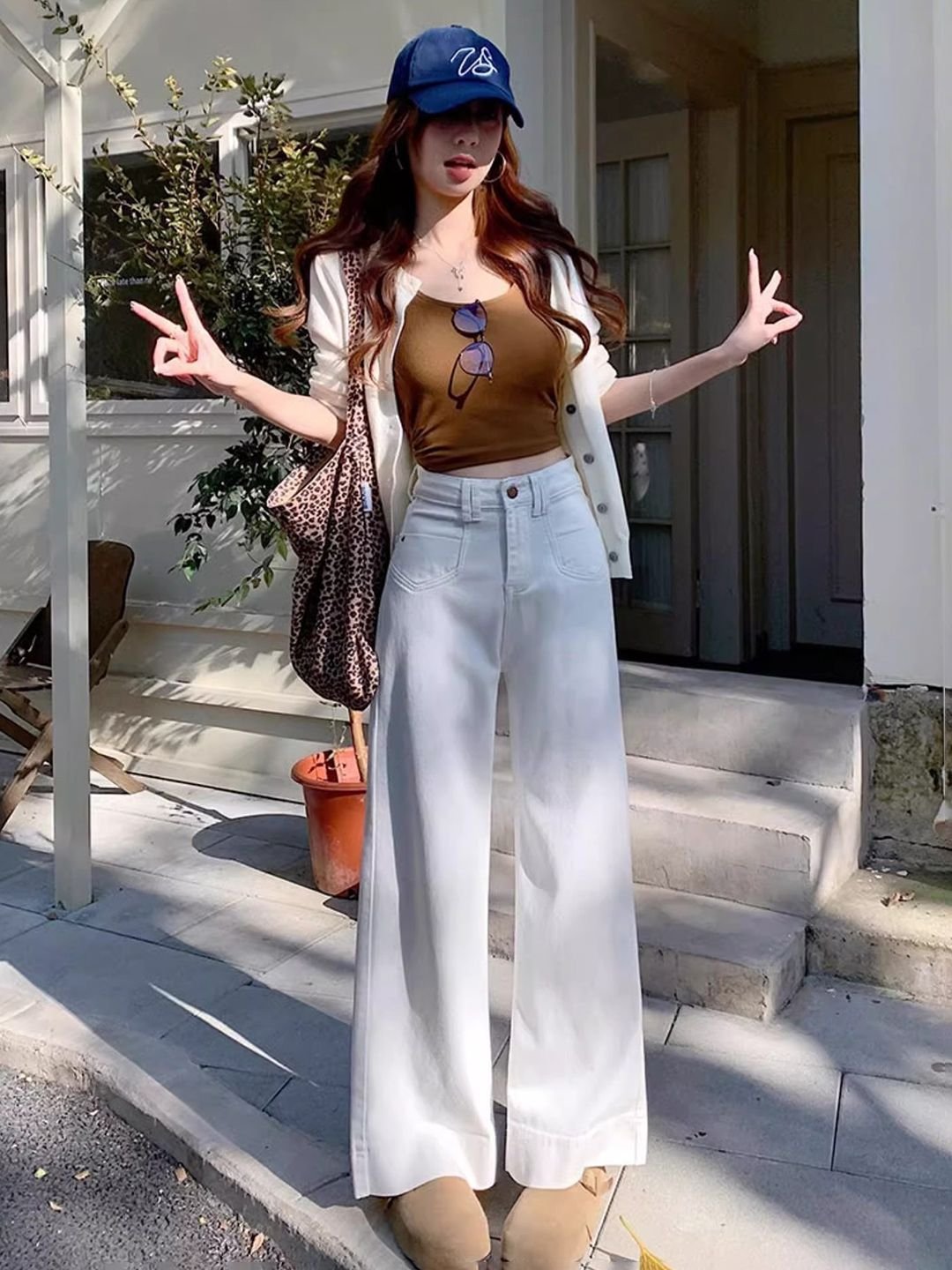 Off White High-Rise Wide Leg Jeans