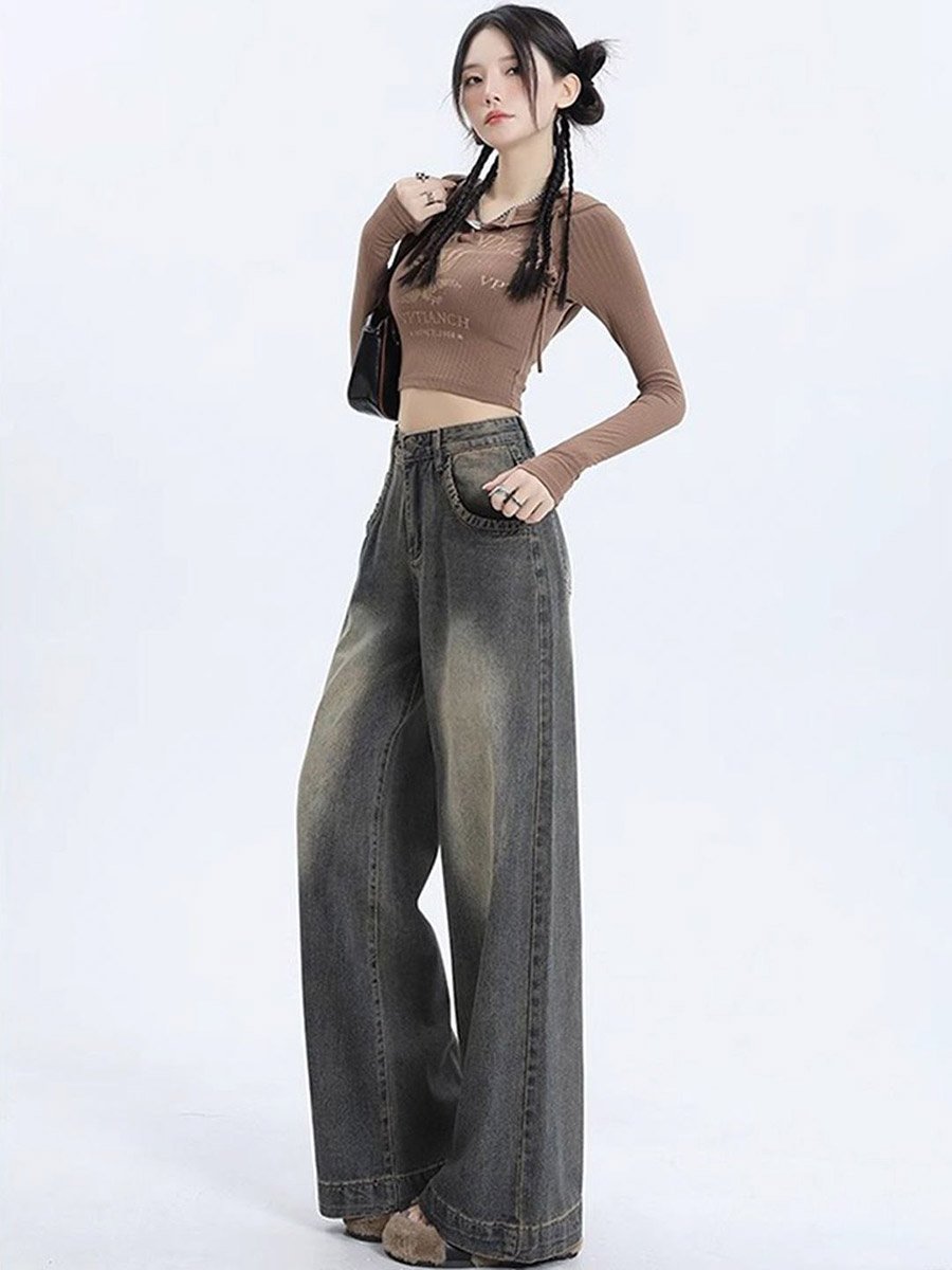 Blue High-Rise Mildly Faded Wide Leg Jeans