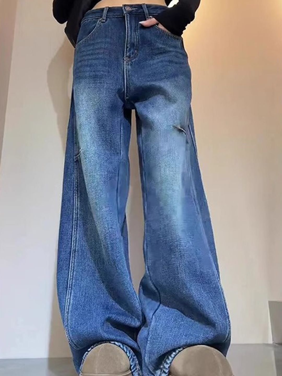 Blue High-Rise Distressed Wide Leg Jeans