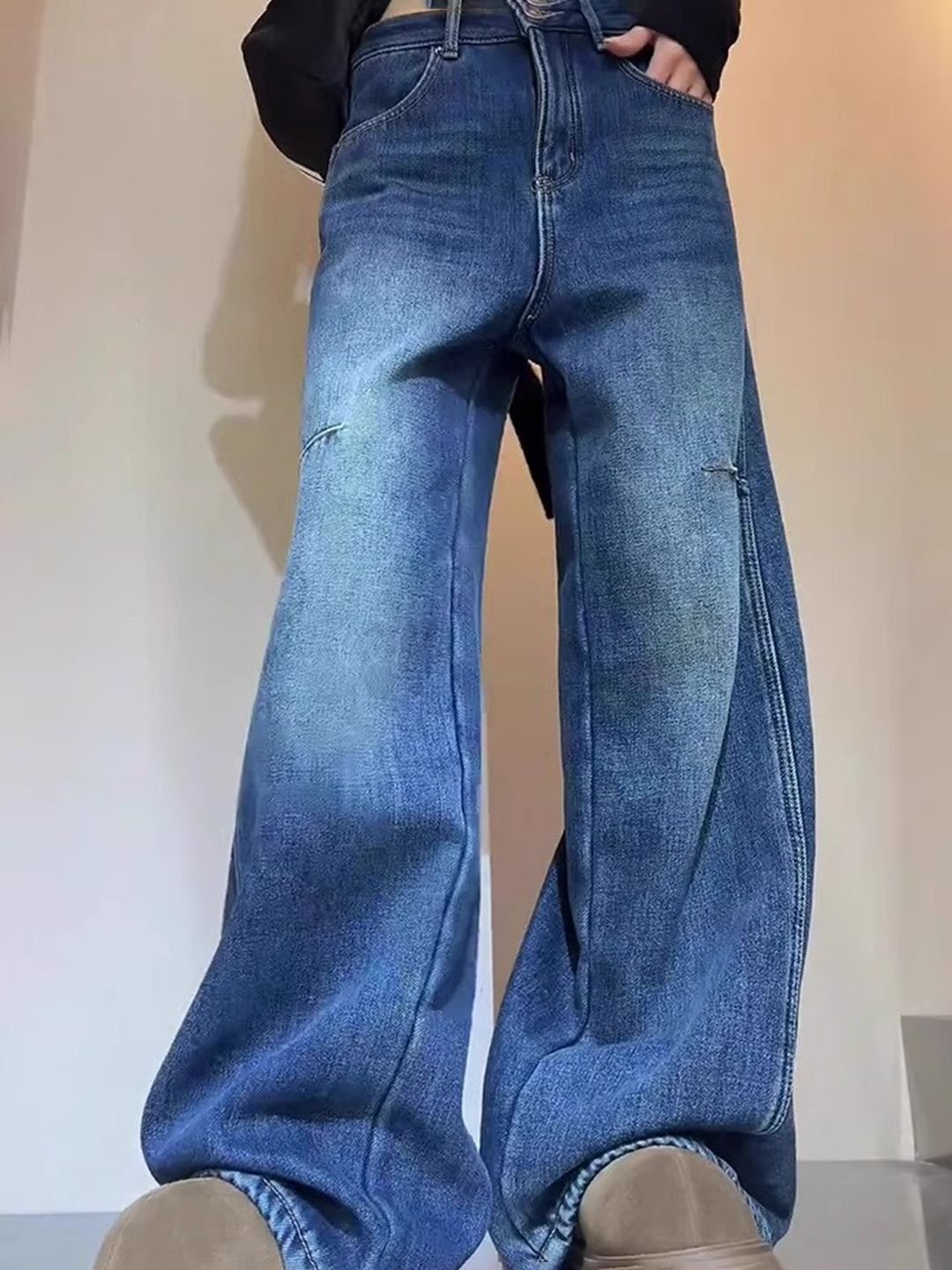 Blue High-Rise Distressed Wide Leg Jeans