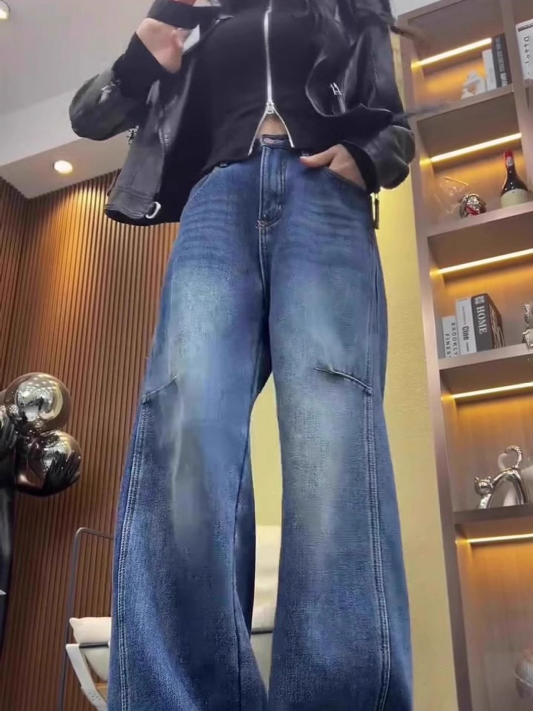 Blue High-Rise Distressed Wide Leg Jeans