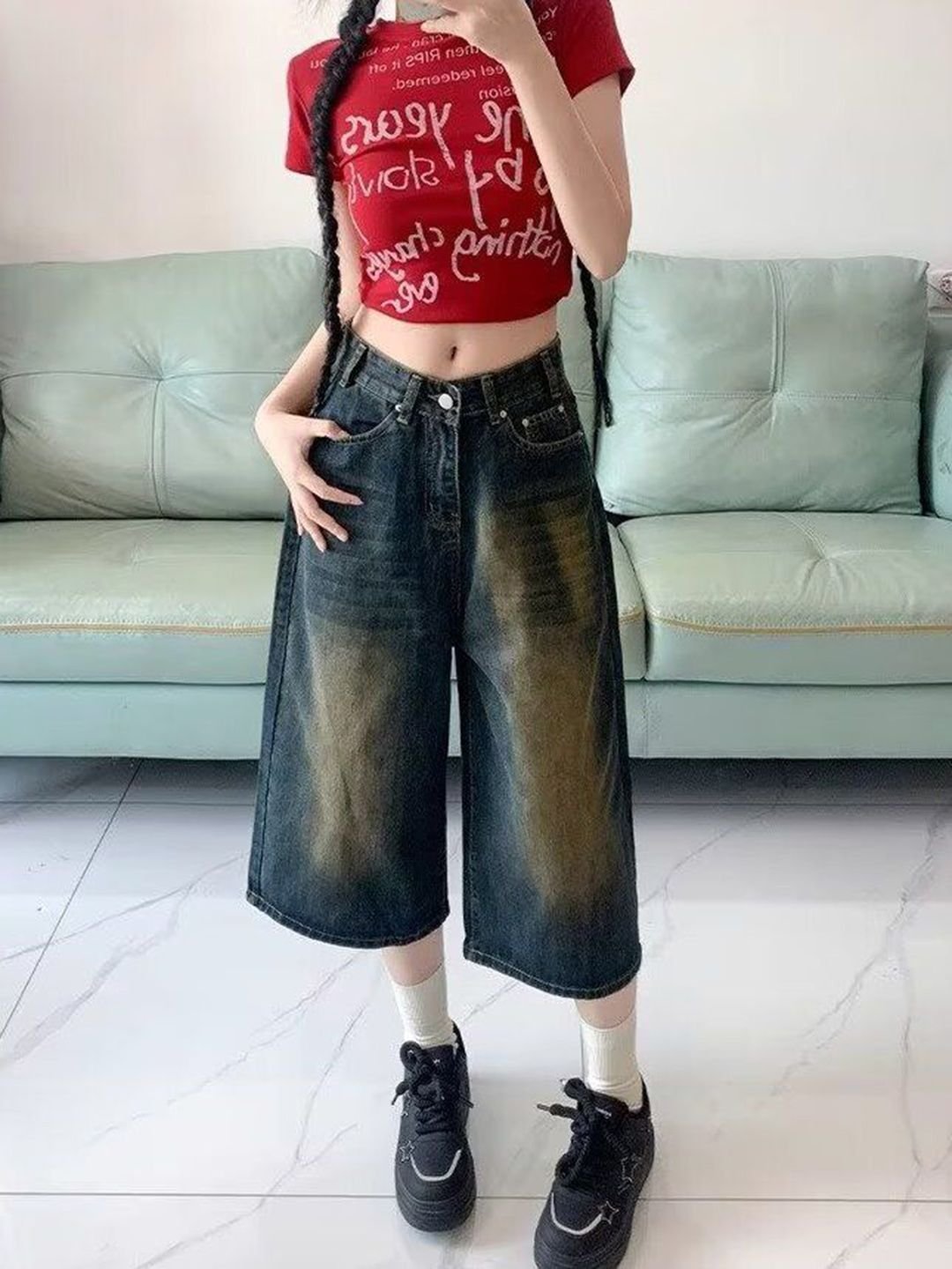 Blue Faded Oversized Denim Shorts