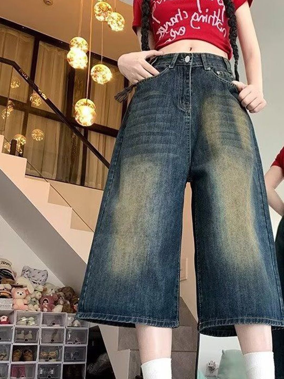 Blue Faded Oversized Denim Shorts