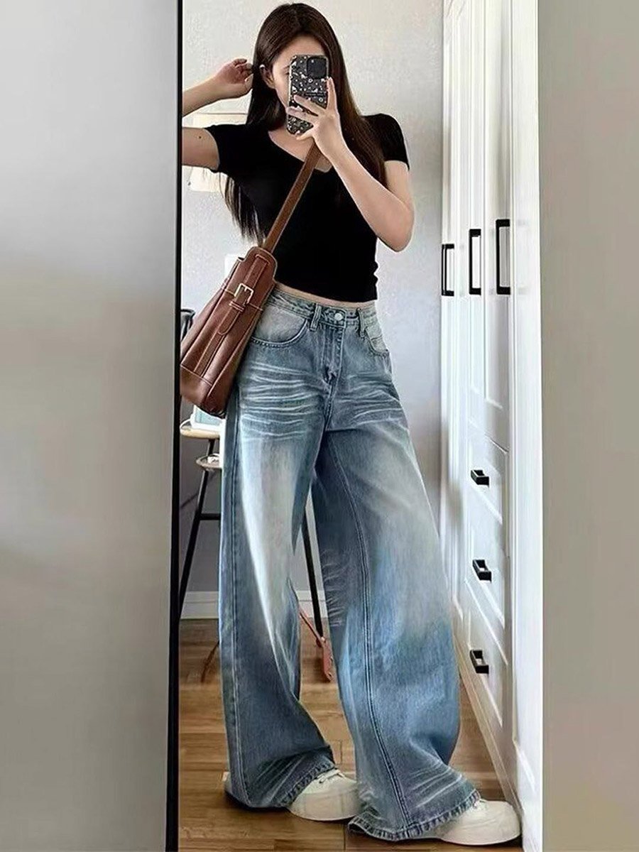 Blue Baggy High-Rise Faded Jeans