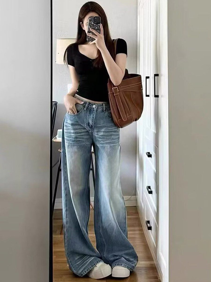 Blue Baggy High-Rise Faded Jeans