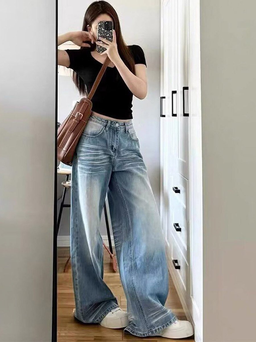Blue Baggy High-Rise Faded Jeans