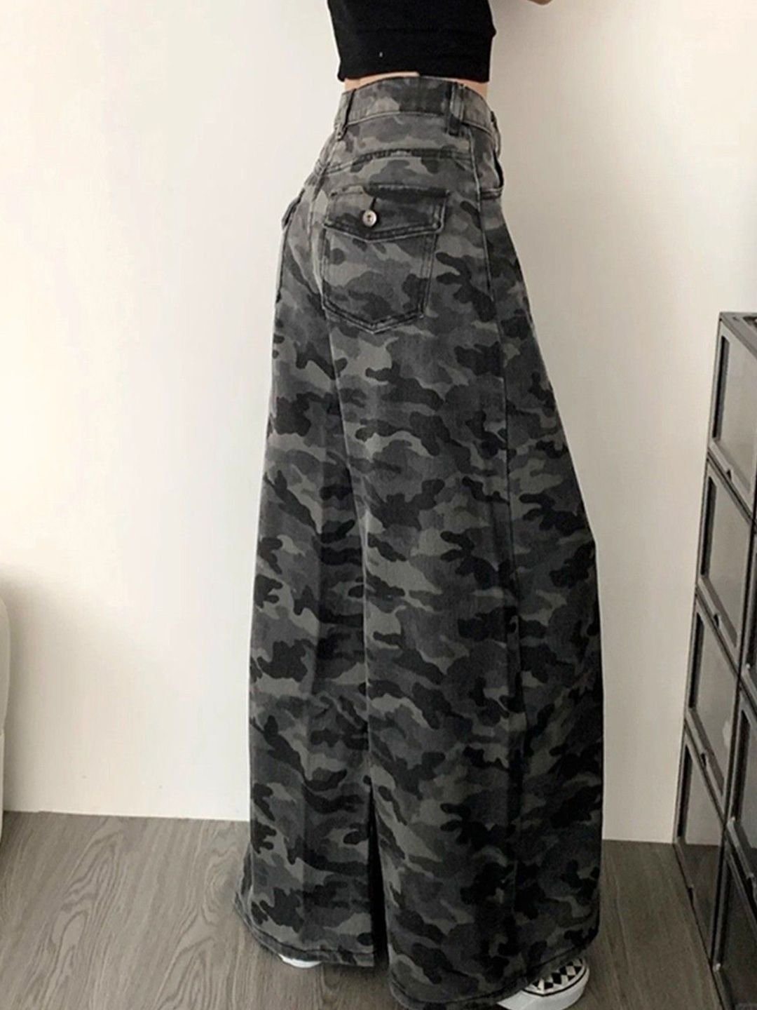 Grey Flared High-Rise Camo Print Jeans