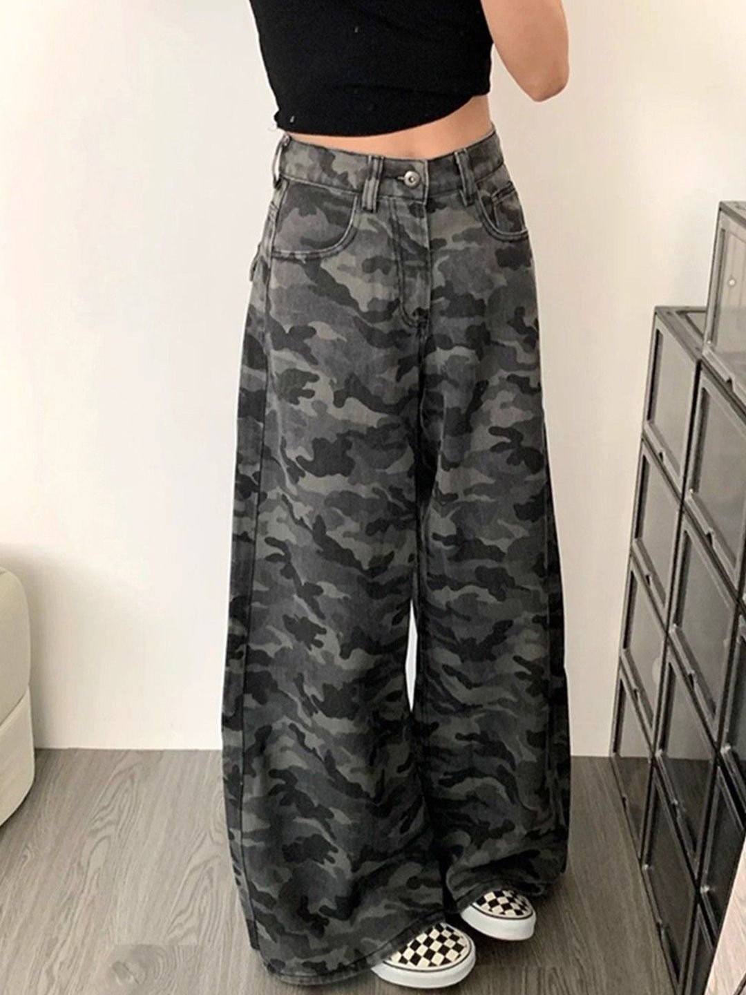 Grey Flared High-Rise Camo Print Jeans