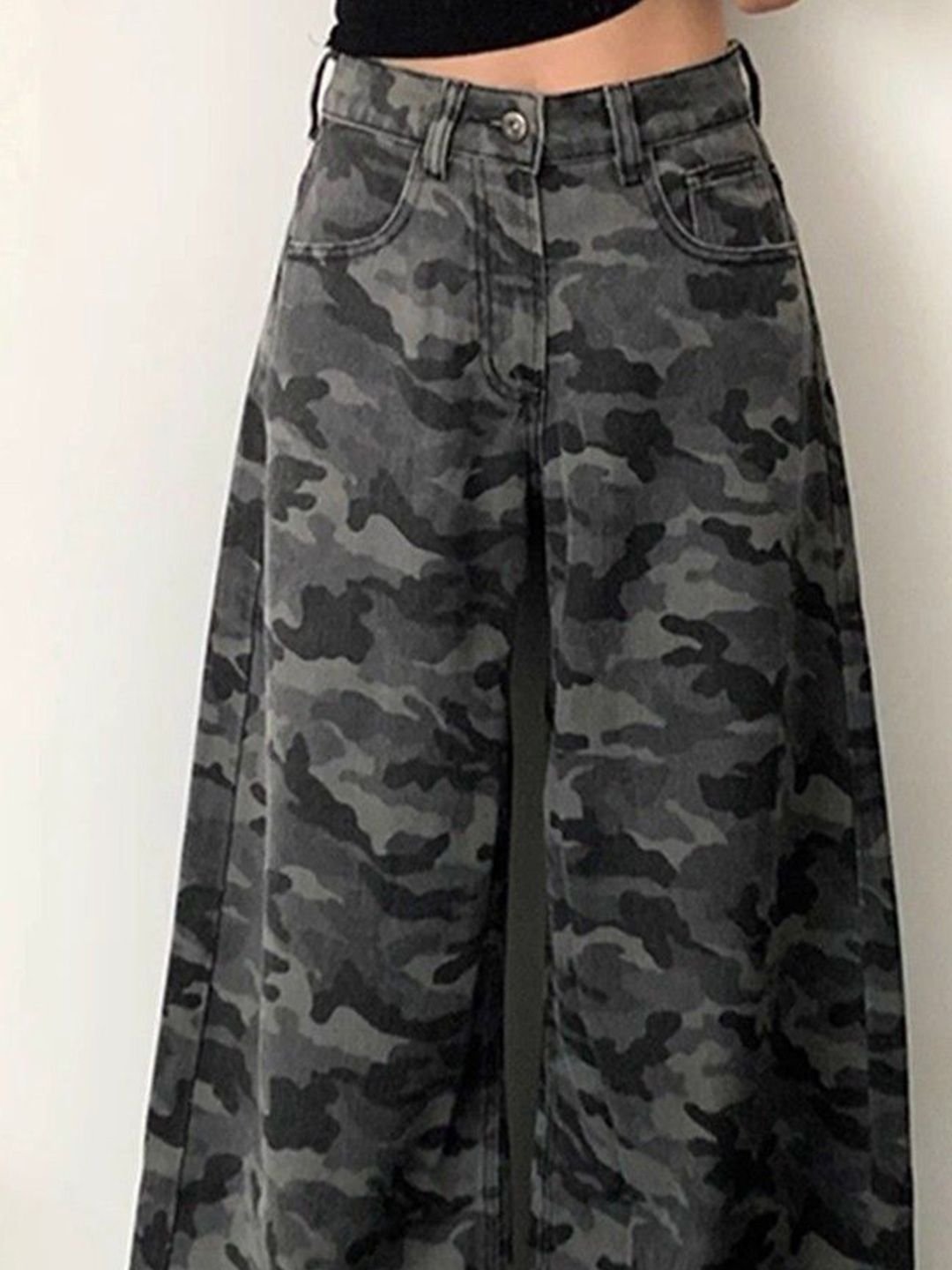 Grey Flared High-Rise Camo Print Jeans