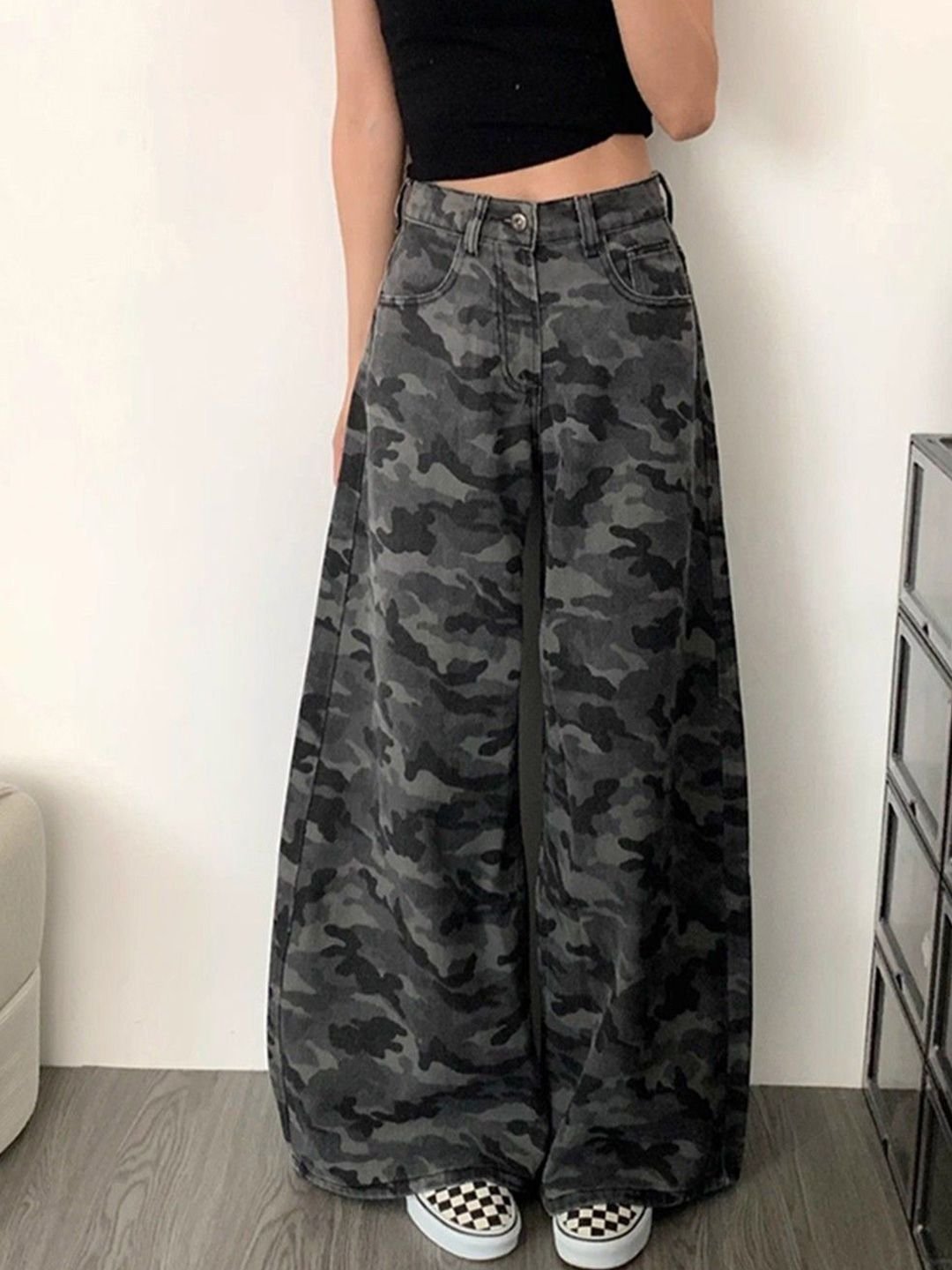Grey Flared High-Rise Camo Print Jeans