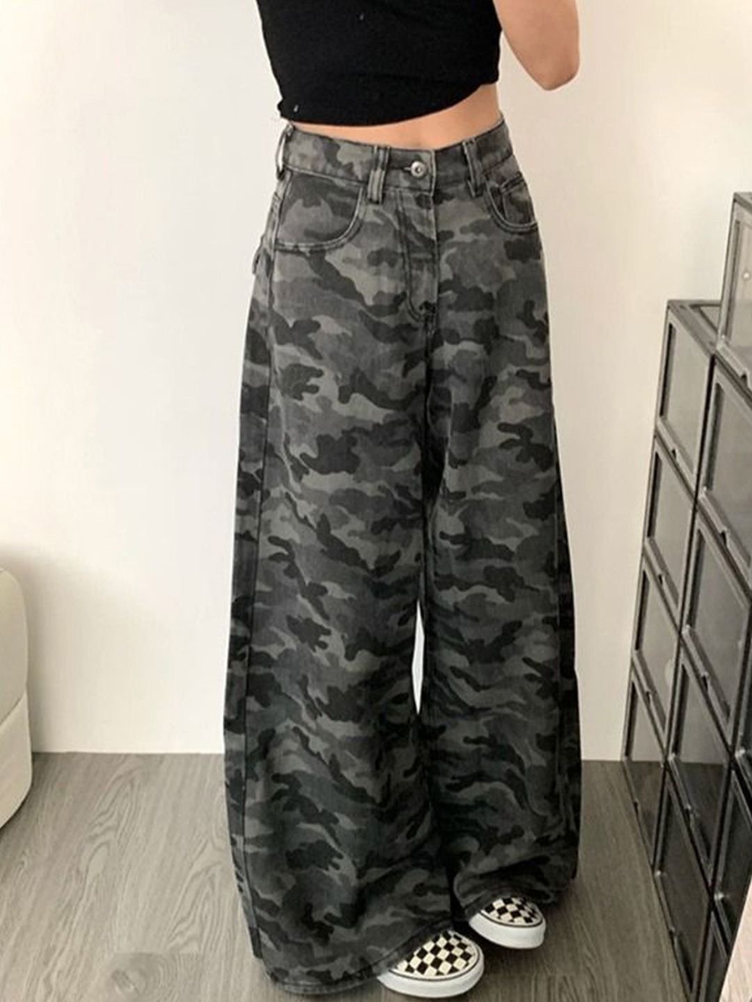 Grey Flared High-Rise Camo Print Jeans
