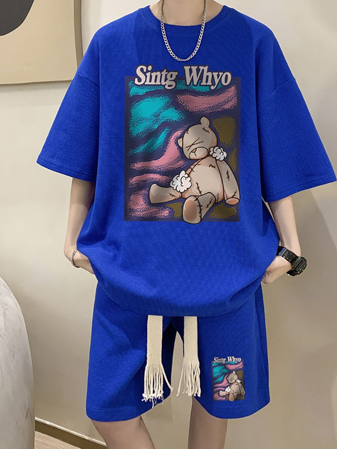 Blue Short Sleeves Oversized T-Shirt and Shorts Co-ord Set