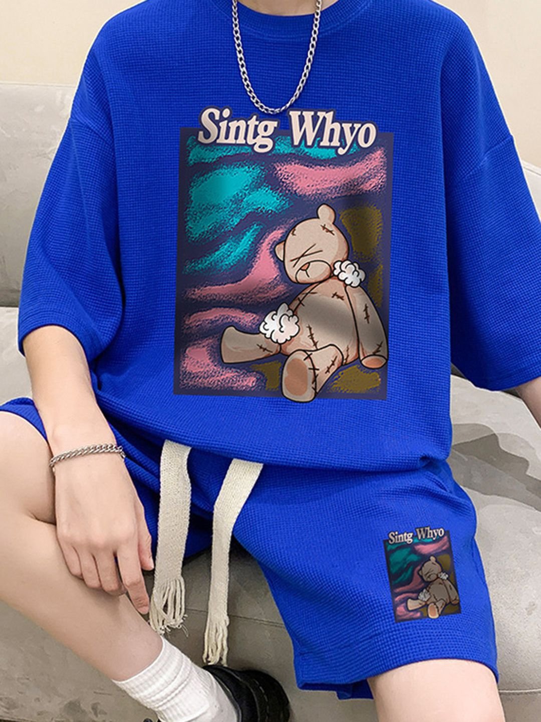 Blue Short Sleeves Oversized T-Shirt and Shorts Co-ord Set