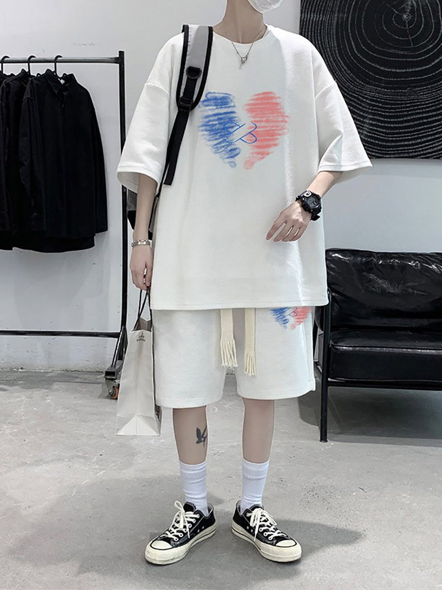 White Printed Round Neck T-Shirt and Shorts Co-ord Set