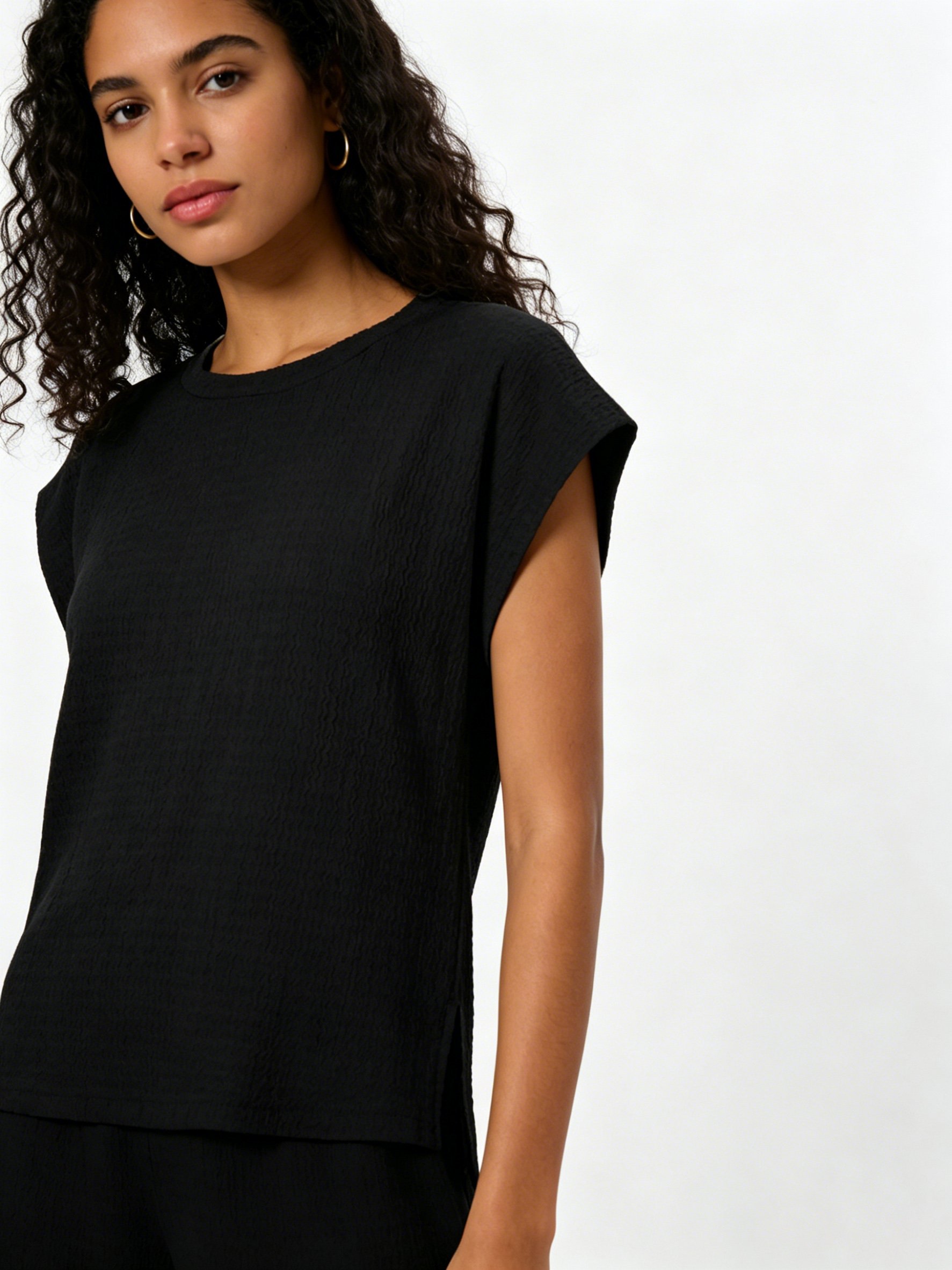 Black Solid T-Shirt and Trousers Co-Ords