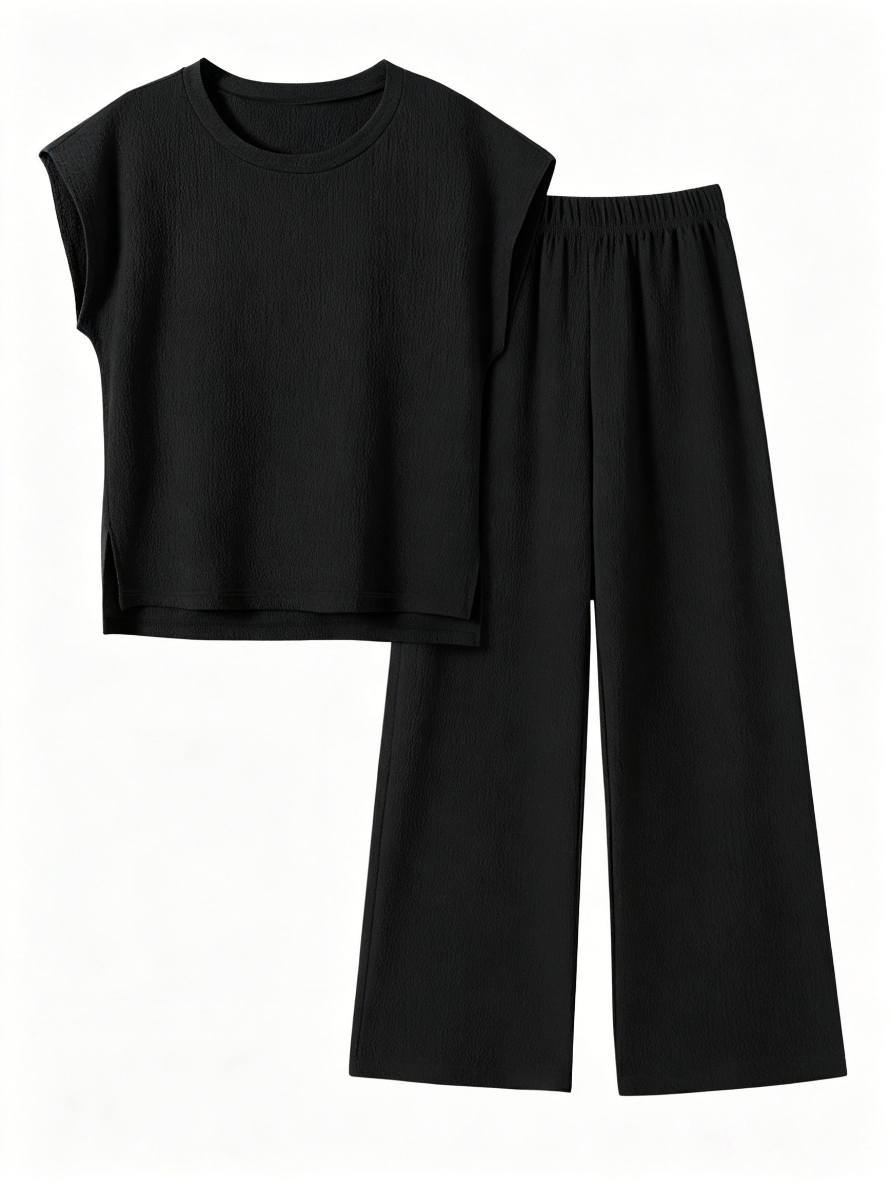 Black Solid T-Shirt and Trousers Co-Ords